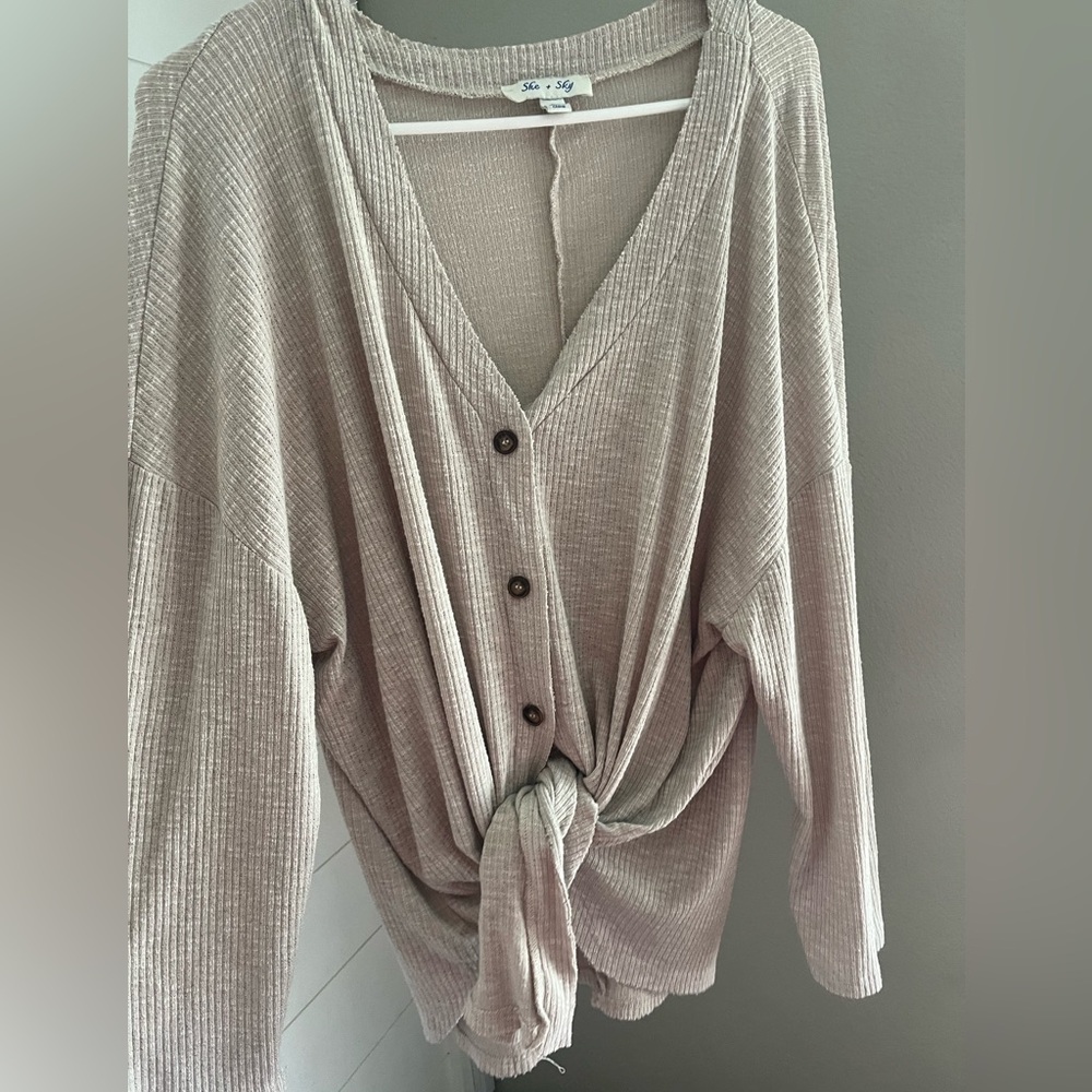 Tan front tie button up sweater